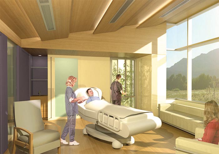 A rendering of a patient room by HGA, a finalist in Kaiser Permanente's  Small Hospital, Big Idea competition.